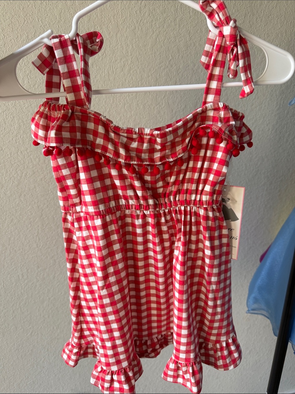 Rare Editions Red and White Gingham Sundress with Pom Trim